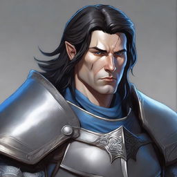 A very detailed and fine depiction of a D&D adult male paladin with gray skin, visible bottom tusks, blue eyes, straight black hair, and battle scars