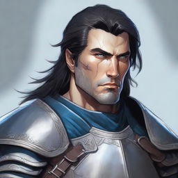 A very detailed and fine depiction of a D&D adult male paladin with gray skin, visible bottom tusks, blue eyes, straight black hair, and battle scars