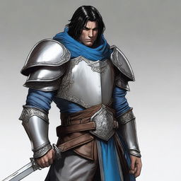 A very detailed and fine depiction of a D&D adult male paladin with gray skin, visible bottom tusks, blue eyes, straight black hair, and battle scars