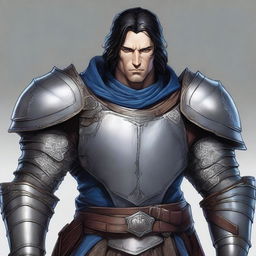 A very detailed and fine depiction of a D&D adult male paladin with gray skin, visible bottom tusks, blue eyes, straight black hair, and battle scars