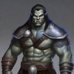 A very detailed and fine depiction of a D&D adult male barbarian with gray skin, bottom tusks, pointed ears, blue eyes, straight black hair, and battle scars