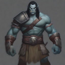 A very detailed and fine depiction of a D&D adult male barbarian with gray skin, bottom tusks, pointed ears, blue eyes, straight black hair, and battle scars