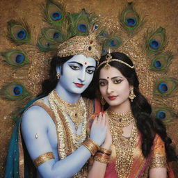 Lord Krishna and Radha in a serene moment against a universal backdrop. Krishna dons a peacock feather hat.