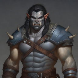 A very detailed and fine depiction of a D&D adult male barbarian with gray skin, bottom tusks, pointed ears, blue eyes, straight black hair, and battle scars