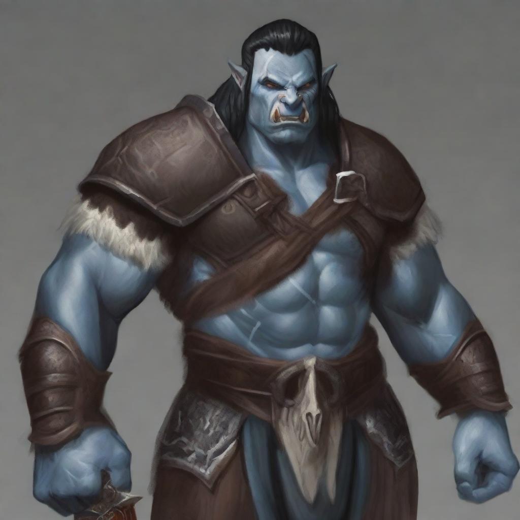 A very detailed and fine depiction of a D&D adult male barbarian with gray skin, bottom tusks, pointed ears, blue eyes, straight black hair, and battle scars