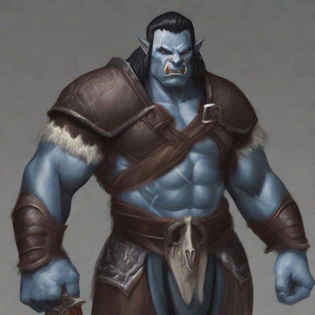 A very detailed and fine depiction of a D&D adult male barbarian with gray skin, bottom tusks, pointed ears, blue eyes, straight black hair, and battle scars