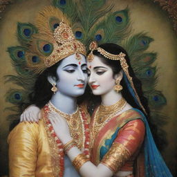 Lord Krishna and Radha in a serene moment against a universal backdrop. Krishna dons a peacock feather hat.