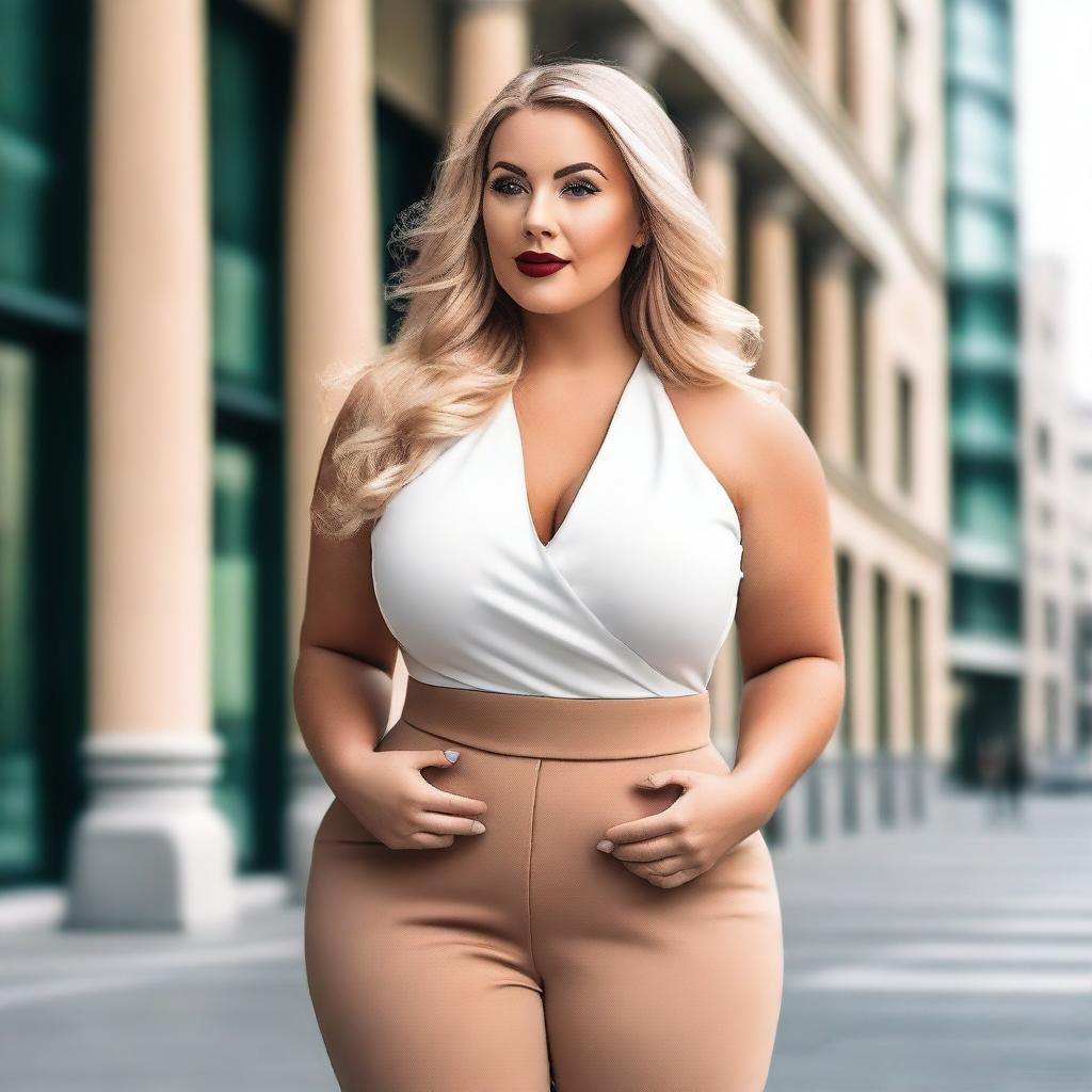 A confident woman with blonde hair and a curvy figure, standing in a stylish and modern setting