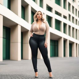 A confident woman with blonde hair and a curvy figure, standing in a stylish and modern setting