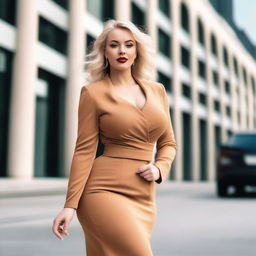 A confident woman with blonde hair and a curvy figure, standing in a stylish and modern setting