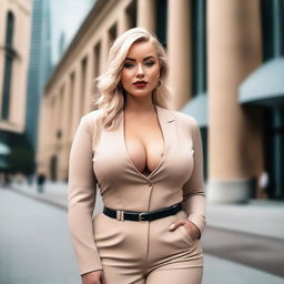 A confident woman with blonde hair and a curvy figure, standing in a stylish and modern setting