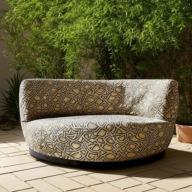 An outdoor seat fashioned with influences from emotive Arabic lines, crafted in sturdy material and studded with intricate, arabesque patterns.