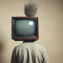 A surreal image of a person with a vintage television set for a head, playing static on the screen.