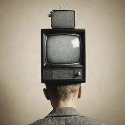 A surreal image of a person with a vintage television set for a head, playing static on the screen.