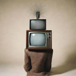 A surreal image of a person with a vintage television set for a head, playing static on the screen.