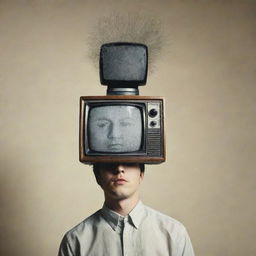 A surreal image of a person with a vintage television set for a head, playing static on the screen.