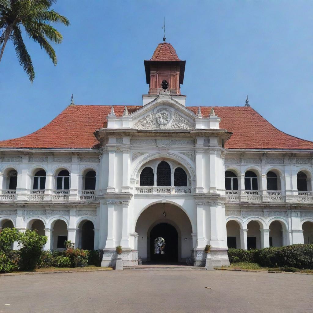 Historic Lawang Sewu building in Semarang, Indonesia, complete with its Dutch colonial architecture and its iconic thousand doors. The image showcases the grandeur of the building during a beautiful sunny day.