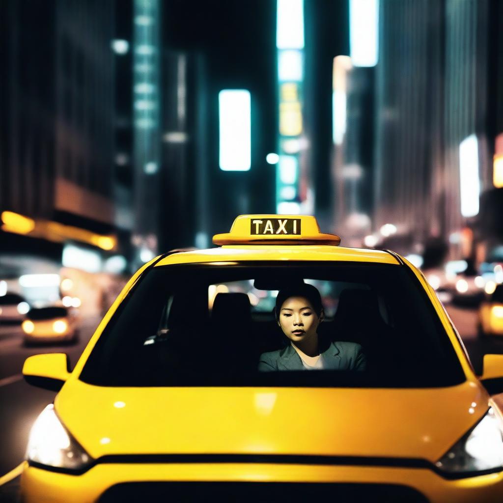 Create an image of a late-night taxi ride home after a big night out