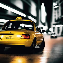 Create an image of a late-night taxi ride home after a big night out