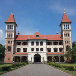 Historic Lawang Sewu building in Semarang, Indonesia, complete with its Dutch colonial architecture and its iconic thousand doors. The image showcases the grandeur of the building during a beautiful sunny day.