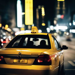 Create an image of a late-night taxi ride home after a big night out