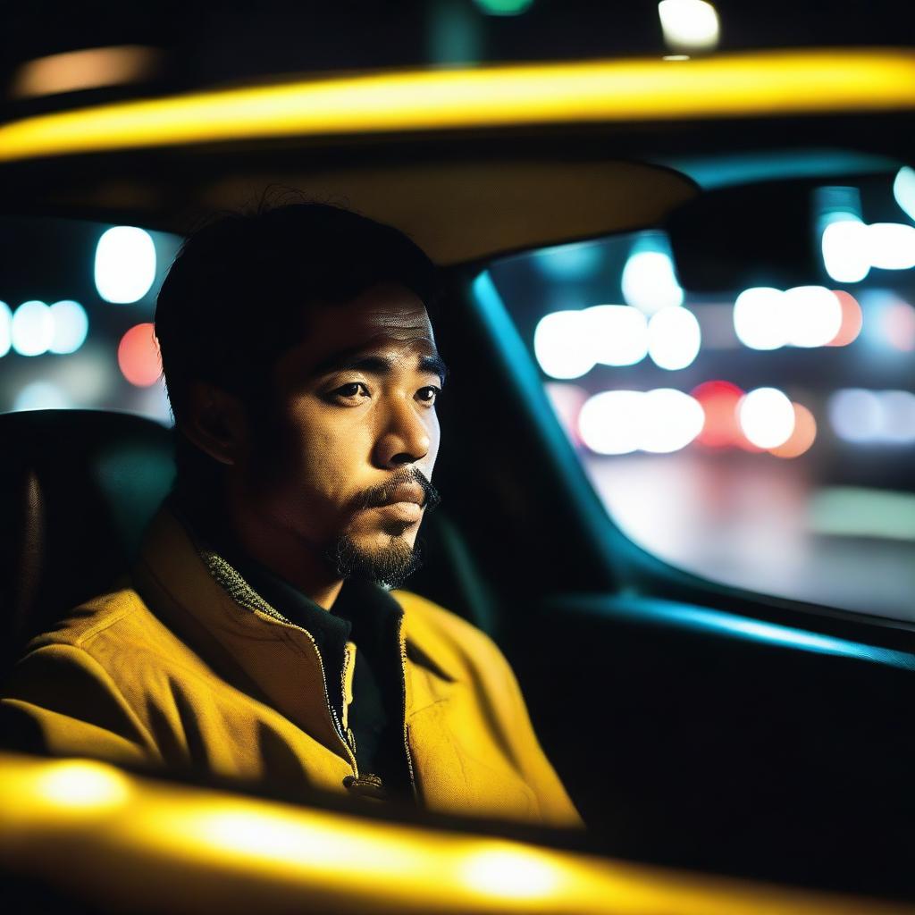 Create an image of a late-night taxi ride home after a big night out