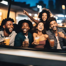 A group of friends sitting in the back of an Uber, clearly having a good time