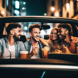 A group of friends sitting in the back of an Uber, clearly having a good time