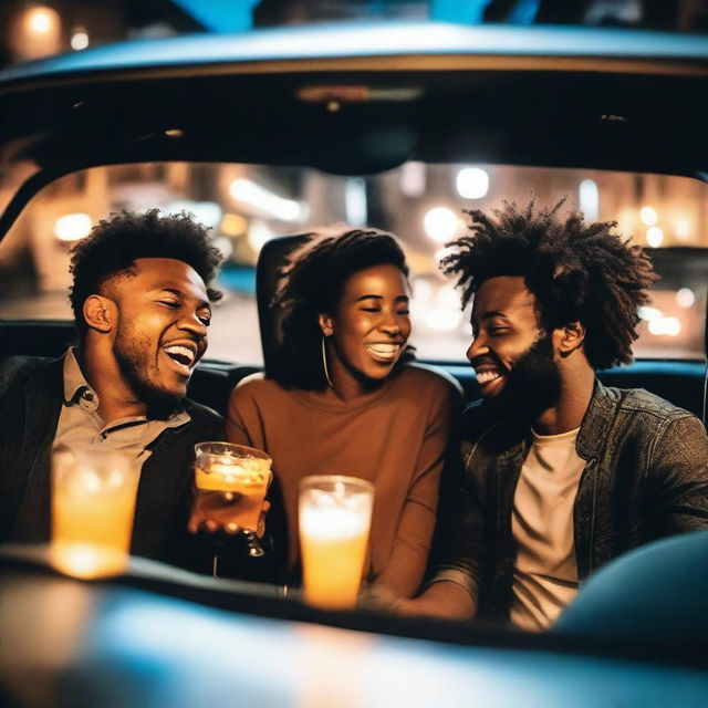 A group of friends sitting in the back of an Uber, clearly having a good time