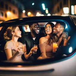 A group of friends sitting in the back of an Uber, clearly having a good time