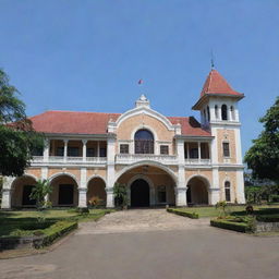 Historic Lawang Sewu building in Semarang, Indonesia, complete with its Dutch colonial architecture and its iconic thousand doors. The image showcases the grandeur of the building during a beautiful sunny day.