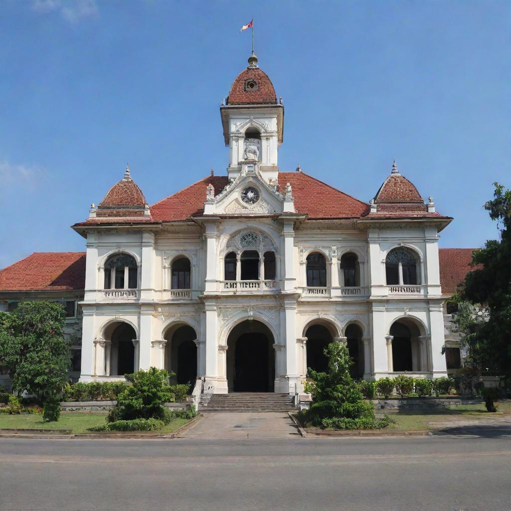 Historic Lawang Sewu building in Semarang, Indonesia, complete with its Dutch colonial architecture and its iconic thousand doors. The image showcases the grandeur of the building during a beautiful sunny day.