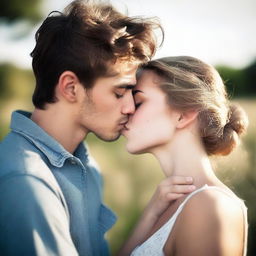 A tender moment between a young man and a woman, as he leans in to kiss her while her lips remain closed