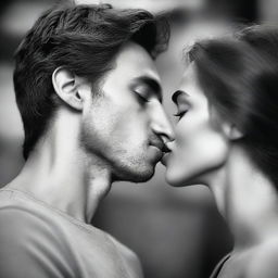 A tender moment between a young man and a woman, as he leans in to kiss her while her lips remain closed