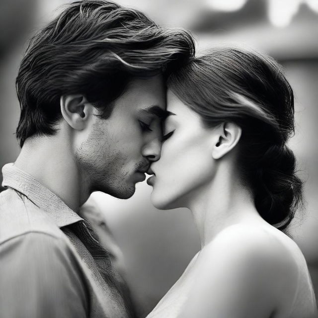 A tender moment between a young man and a woman, as he leans in to kiss her while her lips remain closed