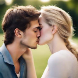 A tender moment between a young man and a woman, as he leans in to kiss her while her lips remain closed