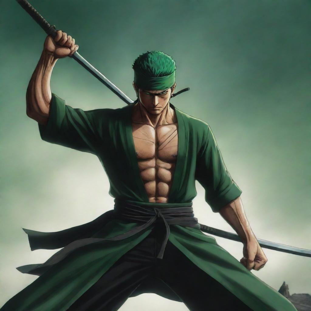 Roronoa Zoro, a powerful anime character holding three swords in his unique style, posing dramatically against an epic background.