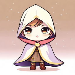 A cute chibi game character wearing a cape-like cloak, with large expressive eyes, a small body, and an adorable facial expression