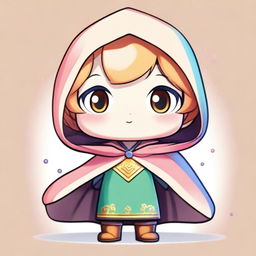 A cute chibi game character wearing a cape-like cloak, with large expressive eyes, a small body, and an adorable facial expression