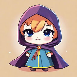 A cute chibi game character wearing a cape-like cloak, with large expressive eyes, a small body, and an adorable facial expression