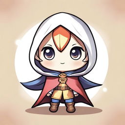 A cute chibi game character wearing a cape-like cloak, with large expressive eyes, a small body, and an adorable facial expression