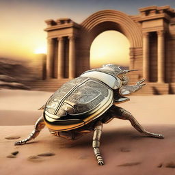 A golden scarab beetle with intricate details on its wings and body, set against a mystical desert backdrop with ancient ruins and a glowing sunset