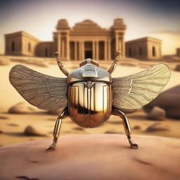 A golden scarab beetle with intricate details on its wings and body, set against a mystical desert backdrop with ancient ruins and a glowing sunset