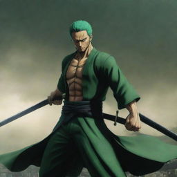 Roronoa Zoro, a powerful anime character holding three swords in his unique style, posing dramatically against an epic background.