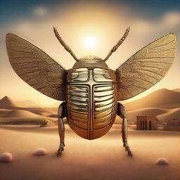 A golden scarab beetle with intricate details on its wings and body, set against a mystical desert backdrop with ancient ruins and a glowing sunset