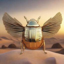 A golden scarab beetle with intricate details on its wings and body, set against a mystical desert backdrop with ancient ruins and a glowing sunset