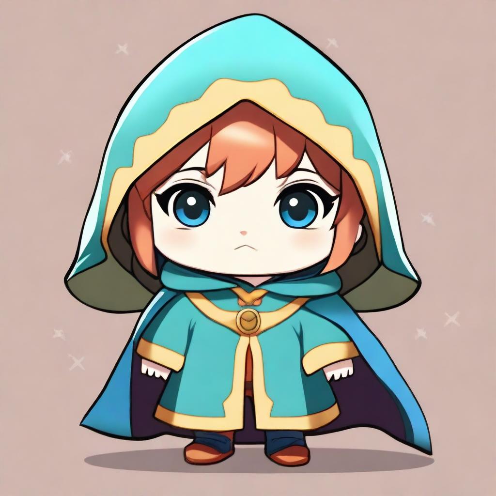 A cute chibi game character wearing a cape-like cloak, without a hoodie