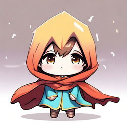 A cute chibi game character wearing a cape-like cloak, without a hoodie