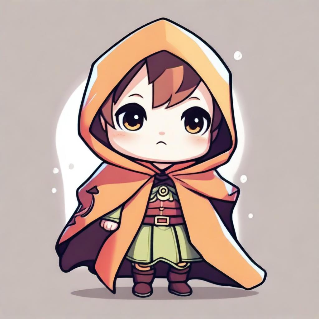 A cute chibi game character wearing a cape-like cloak, without a hoodie