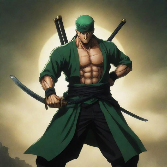 Roronoa Zoro, a powerful anime character holding three swords in his unique style, posing dramatically against an epic background.